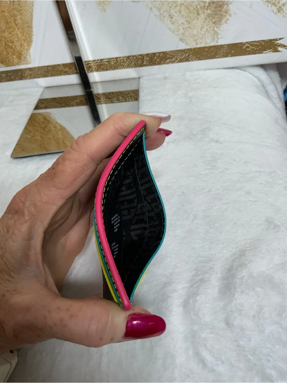 Kurt Geiger Black Card & Key Holder with Pink Edge and Yellow Stitching